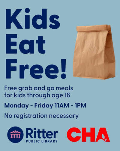 Kids eat free! Free grab and go meals for kids through age 18 Monday-Friday 11AM-1PM. No registration necessary.