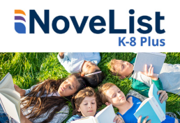 NoveList K-8 Plus logo and photo of kids reading