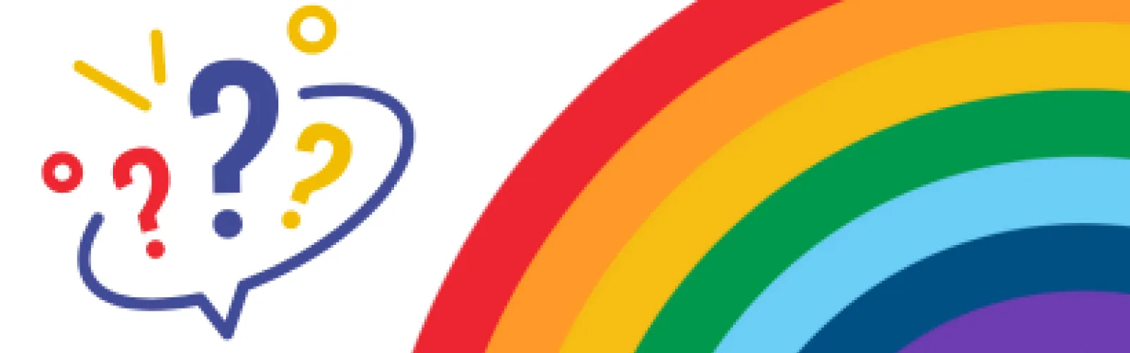 Word bubble with question marks and symbols, and rainbow
