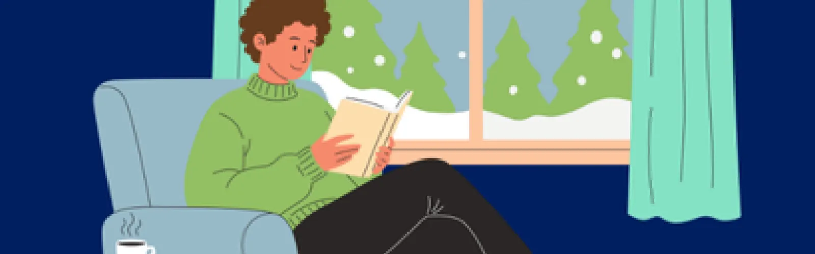 Man reading in front of snowy window