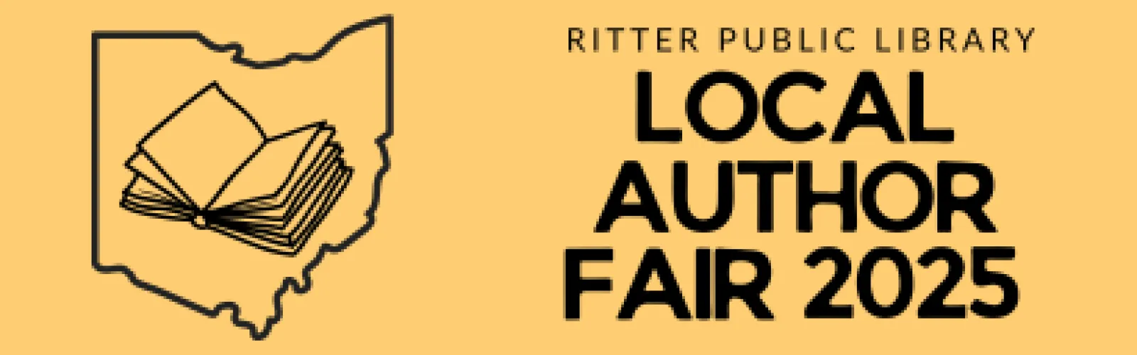 Graphic of book inside outline of Ohio with text: "Ritter Public Library Local Author Fair 2025"